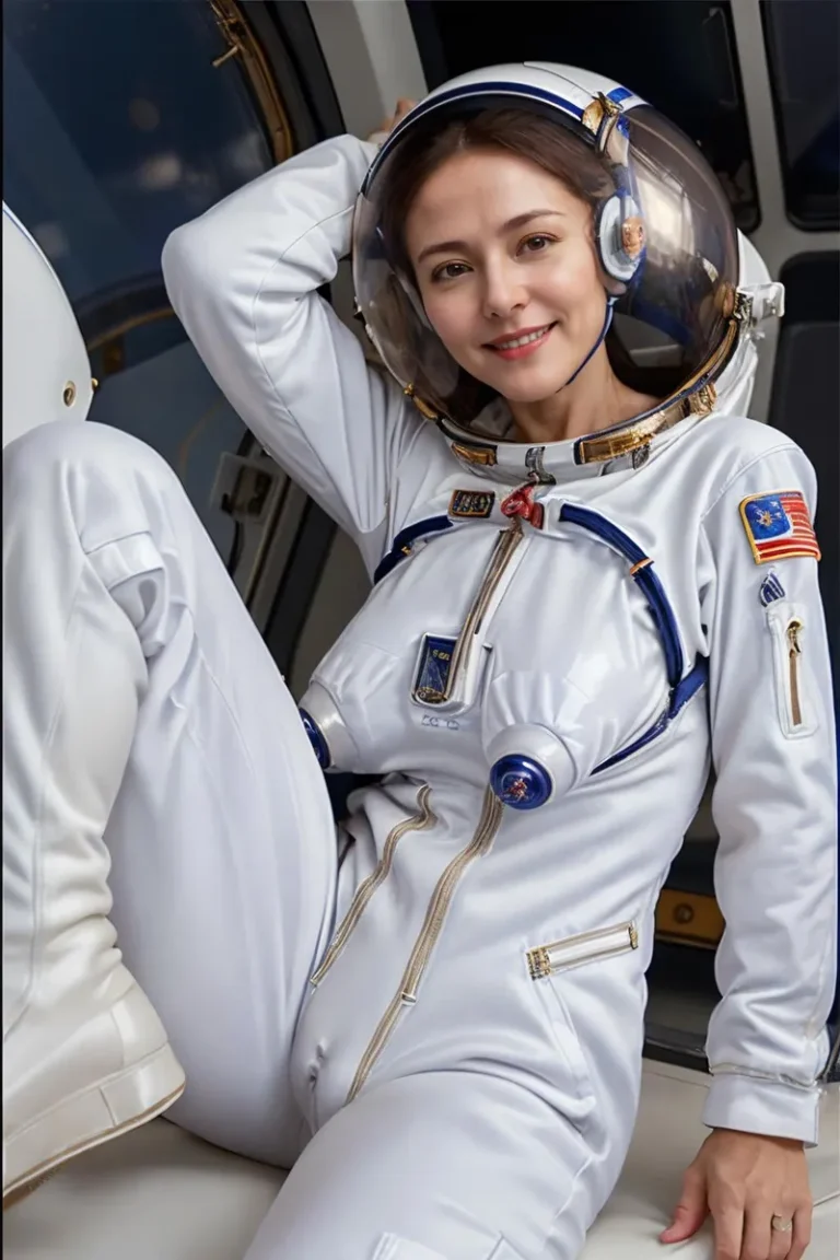 A female astronaut wearing a white space suit with blue and gold accents, smiling, sitting inside a spaceship. The space suit has various badges and a helmet with a clear visor.