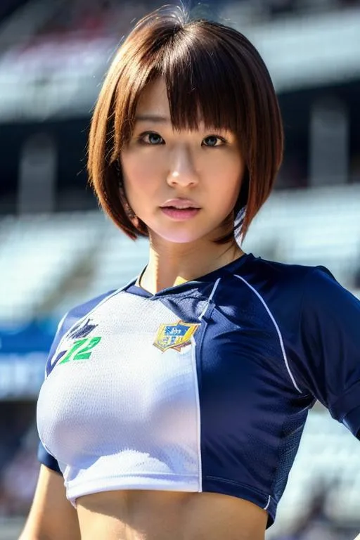 Female athlete in a blue and white soccer uniform, AI generated image using stable diffusion.