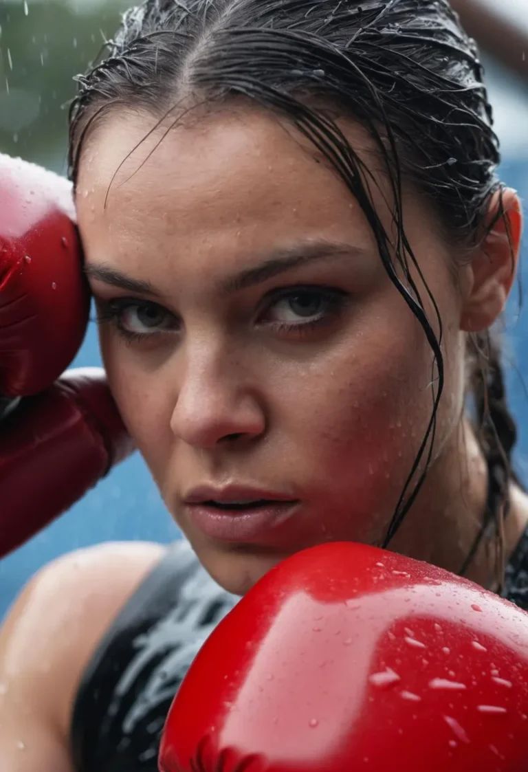 Close-up of a wet female boxer with red boxing gloves, intense eyes, and wet hair. This is an AI generated image using stable diffusion.