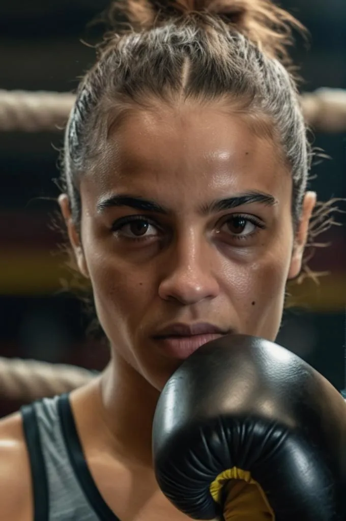 Close-up portrait of a determined female boxer with her boxing glove near her face. This is an AI generated image using stable diffusion.