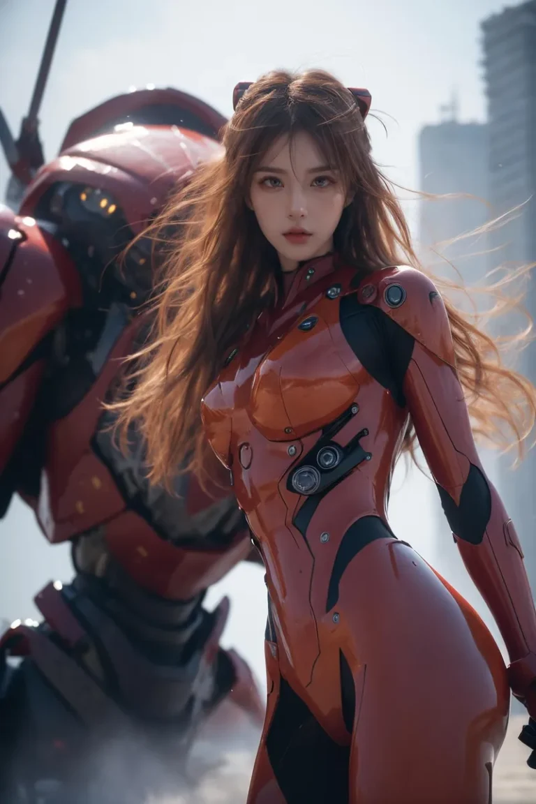 A female cyborg with long hair in a red and black mecha suit, created using Stable Diffusion AI.