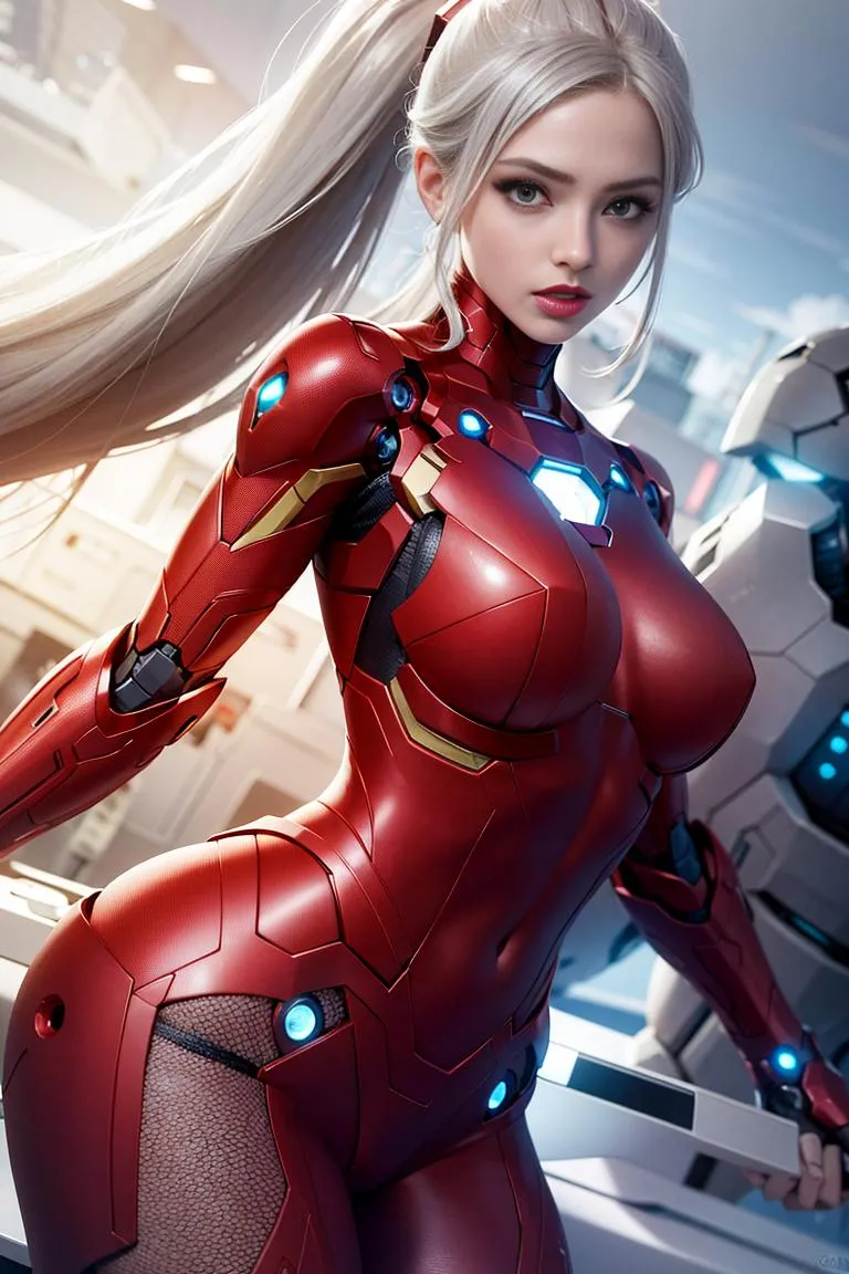 AI generated image of a female cyborg with long blonde hair in sleek, red futuristic armor with glowing blue accents.