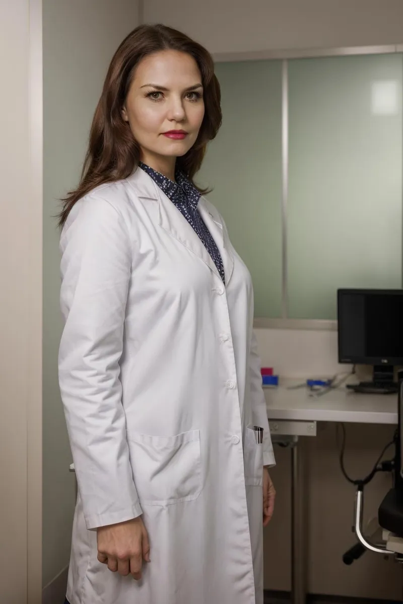 A female doctor standing in a medical office, generated using stable diffusion.