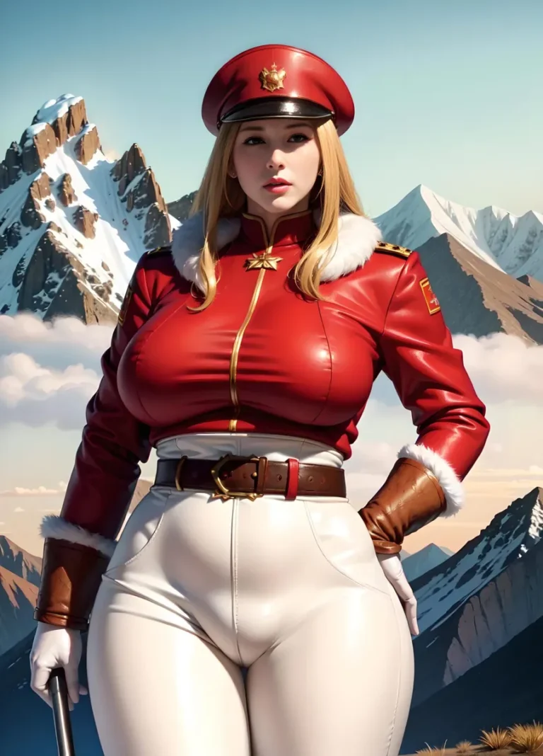 AI generated image of a female officer in a red uniform standing against a mountain background using stable diffusion.
