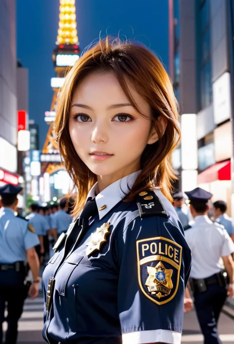 An AI generated image using Stable Diffusion showing a young female police officer standing in an urban cityscape with other officers in the background.