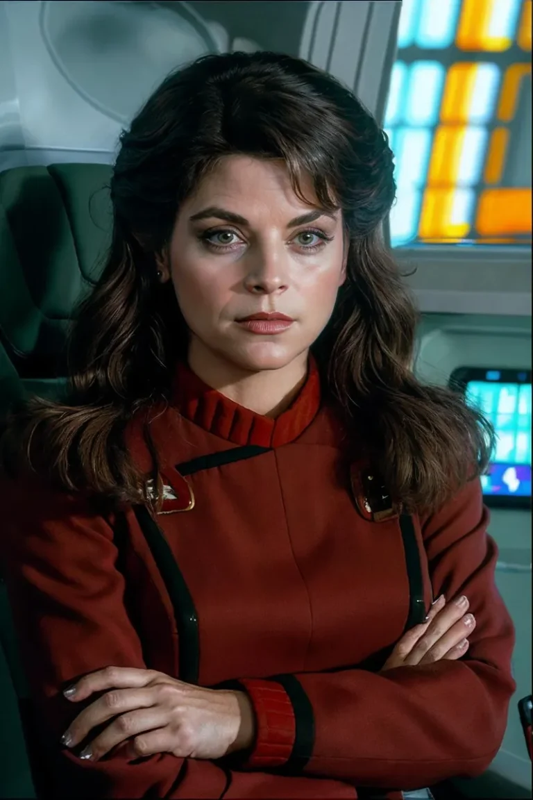 A female officer with folded arms wearing a red sci-fi uniform with shoulder details, set against a futuristic background. AI generated image using Stable Diffusion.