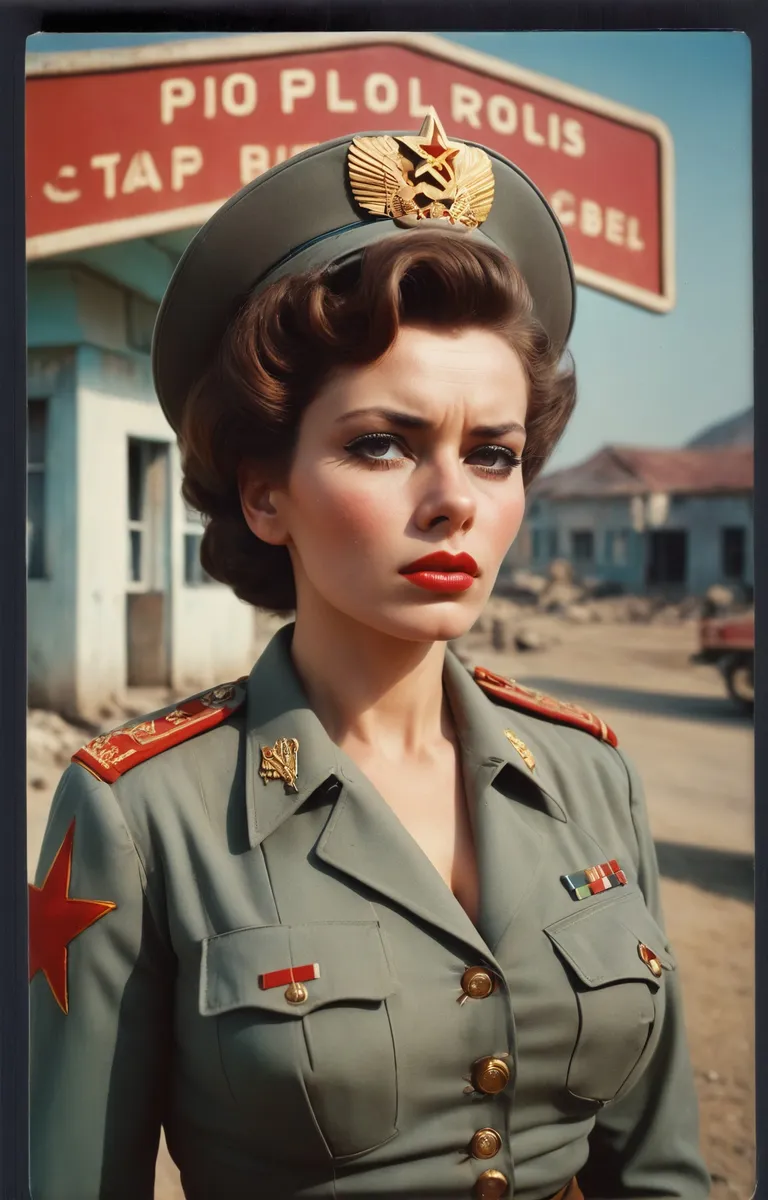 A vintage-inspired AI generated image of a stern, beautiful female soldier in a gray-green military uniform with red accents, using Stable Diffusion.