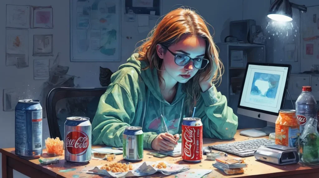 A young woman in a hoodie, studying at a cluttered desk with soda cans, snacks, and papers. AI generated image using Stable Diffusion.