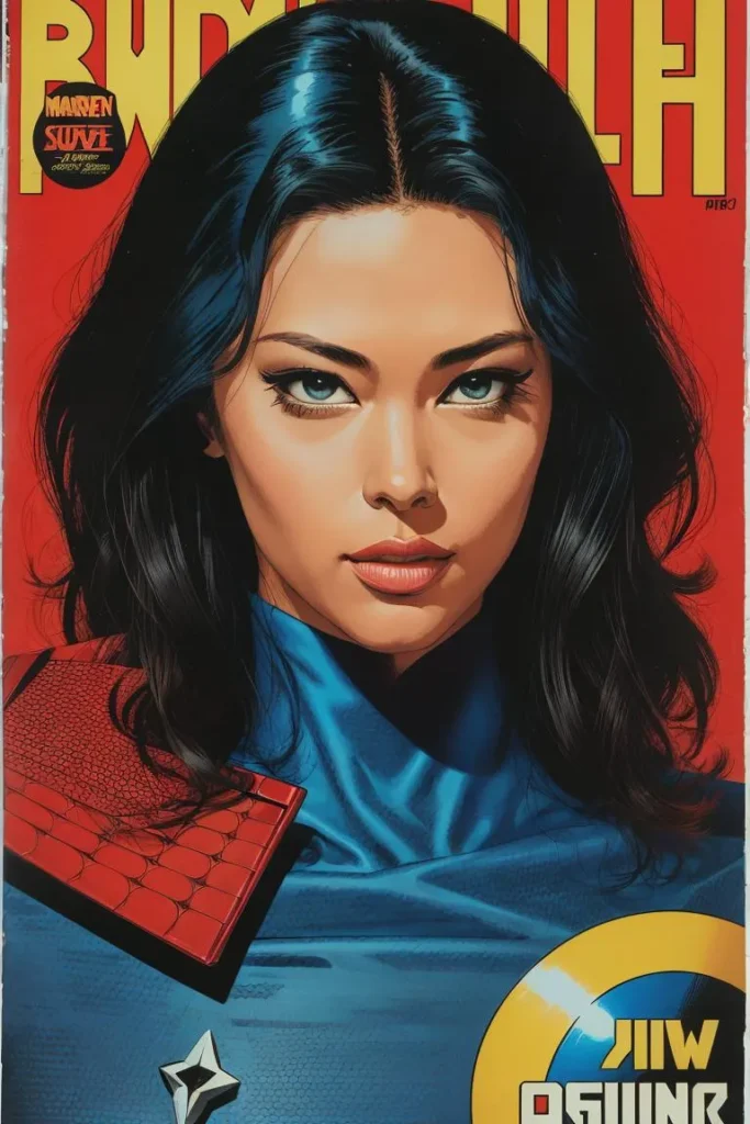 A comic book cover featuring a female superhero with intense gaze and dark flowing hair wearing a blue outfit with red accents and a star symbol, generated using Stable Diffusion.