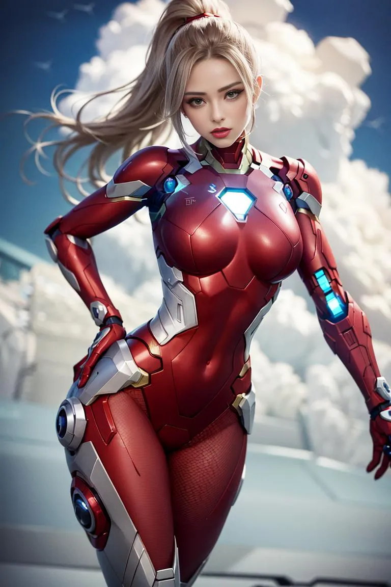 A highly detailed AI-generated image of a female superhero in a form-fitting red and silver cybernetic suit with glowing blue accents. Created using Stable Diffusion.