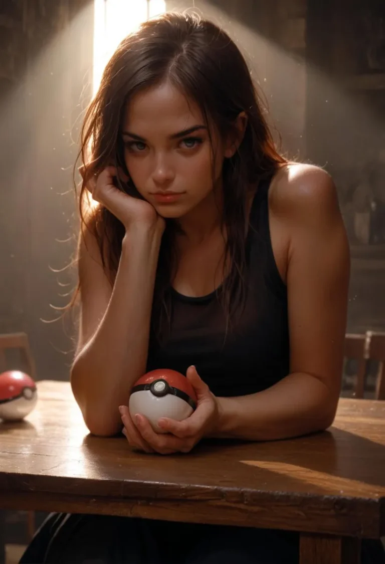 AI generated image of a female trainer holding a Pokéball with another Pokéball on the table. Styled in realistic detail.