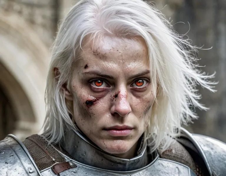 A close-up of a fierce female warrior with white hair, battle scars, and glowing red eyes, wearing a metal armor. This is an AI generated image using stable diffusion.