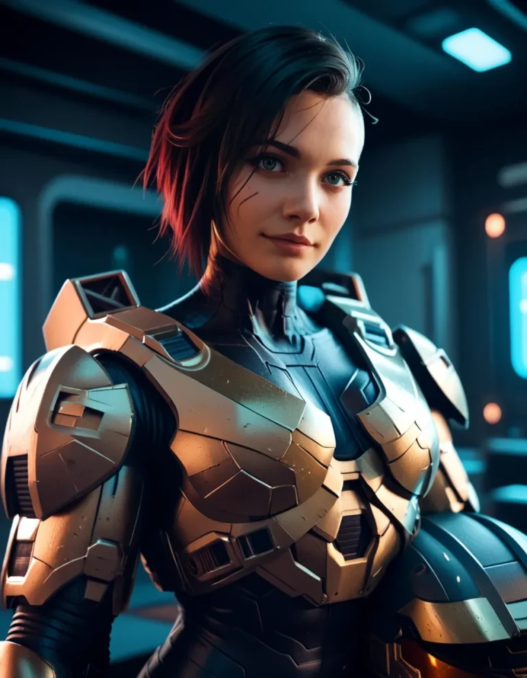 A confident woman in futuristic armor with a short haircut, standing in a sci-fi environment. AI-generated image using stable diffusion.