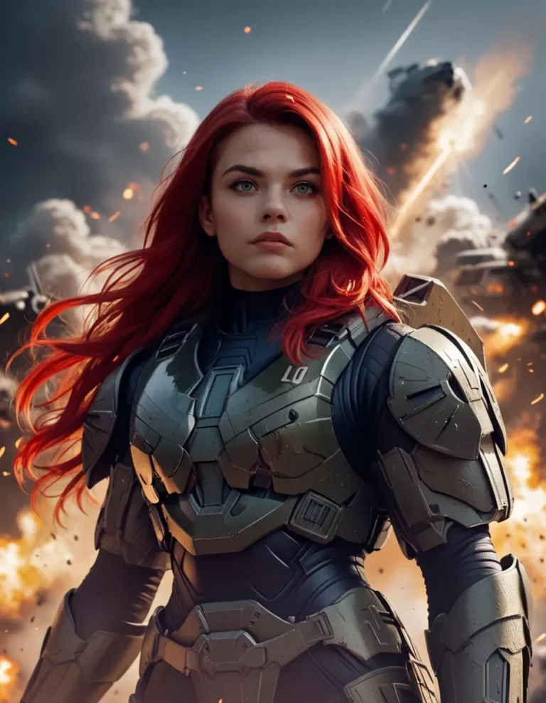 A female warrior with vibrant red hair clad in futuristic armor standing in a battlefield, created using Stable Diffusion AI.