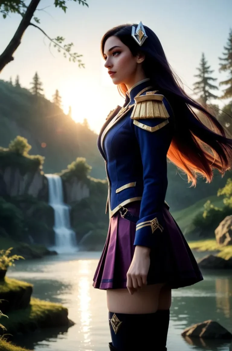 A female warrior standing in a fantasy landscape with a waterfall, created using Stable Diffusion AI.