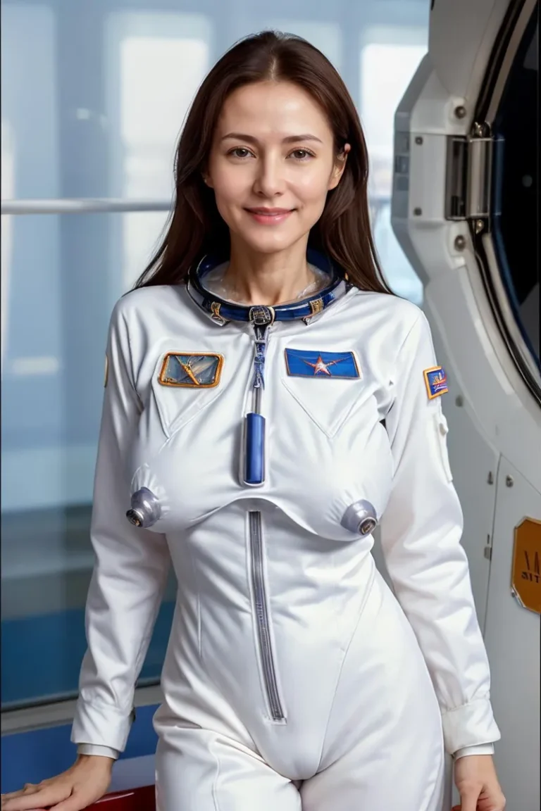 A female astronaut wearing a space suit standing inside a spacecraft. AI generated using Stable Diffusion.
