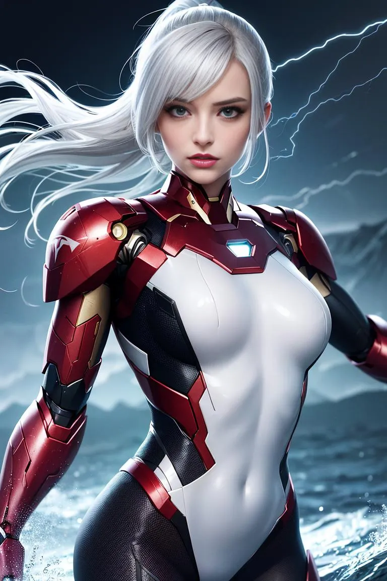 A highly detailed digital rendering of a female cyborg with long white hair, wearing a red and white armored suit. This is an AI generated image using stable diffusion.