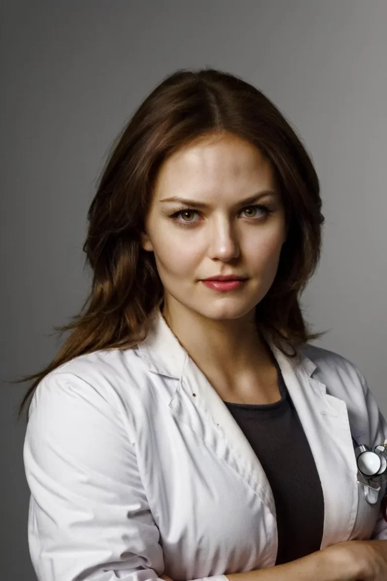 A professional portrait of a young female doctor with long brown hair, wearing a white lab coat and stethoscope, created using Stable Diffusion.