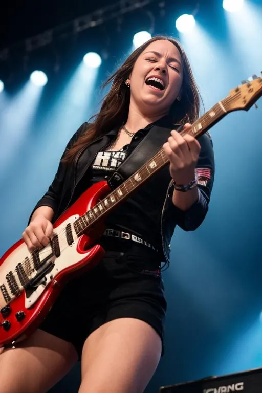 Female guitarist passionately performing with a red electric guitar on stage at a rock concert. AI generated image using Stable Diffusion.