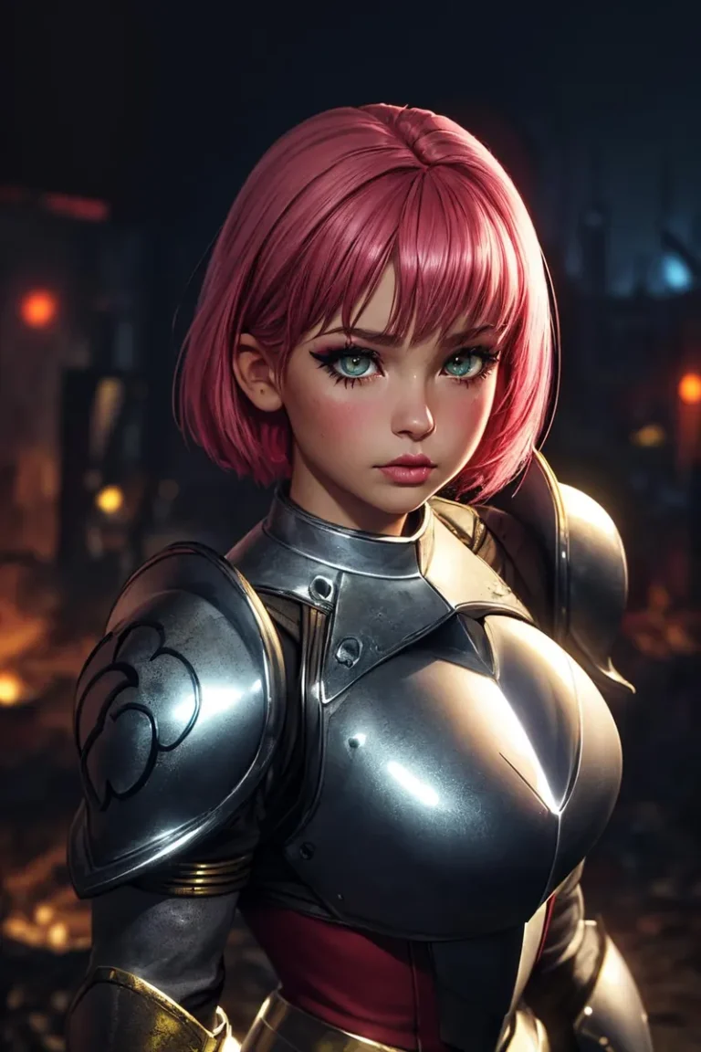 AI generated image of a female knight with pink hair in anime style using Stable Diffusion.