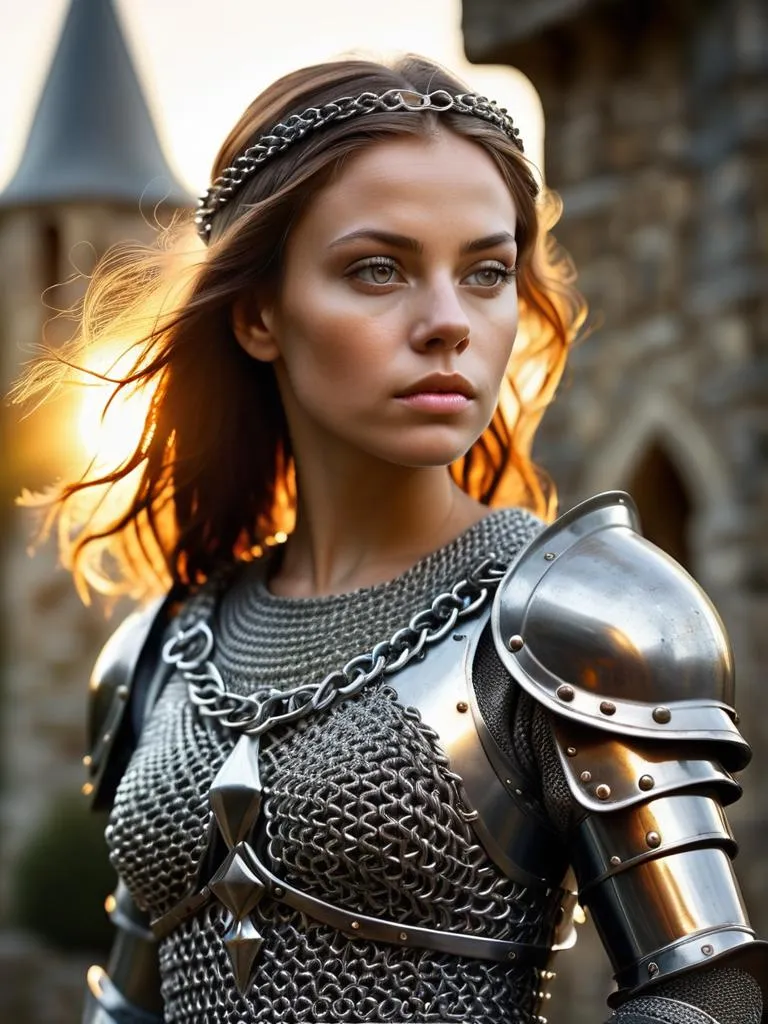 An AI generated image using stable diffusion depicting a female warrior dressed in medieval knight armor with chainmail, standing in front of a stone castle at sunset.