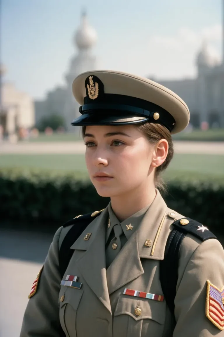 A realistic AI generated image using Stable Diffusion depicting a young female military officer in uniform with a blurred historical building in the background.