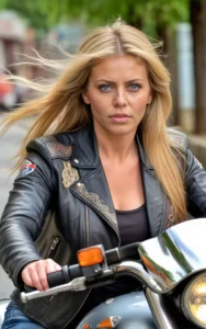 An AI-generated image of a female motorcyclist with long blonde hair wearing an ornate leather jacket, riding a motorcycle