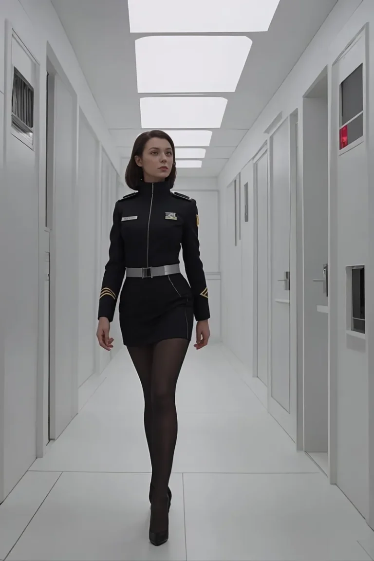 AI generated image of a female officer in a futuristic, white hallway, created using Stable Diffusion.