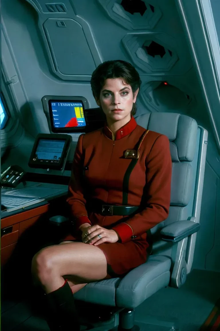 A female officer in a red uniform sitting in a spaceship cockpit, an AI generated image using Stable Diffusion.