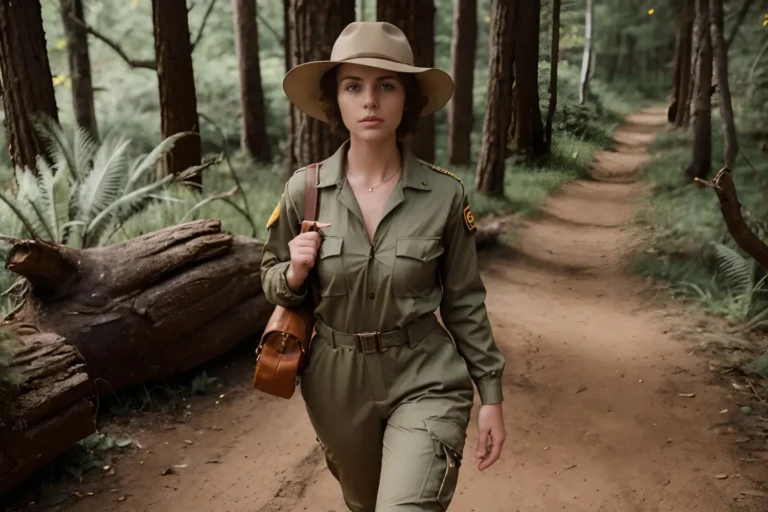 An AI generated image using Stable Diffusion of a woman dressed as a ranger walking in a forest wearing a wide-brimmed hat and green uniform, carrying a brown leather satchel.