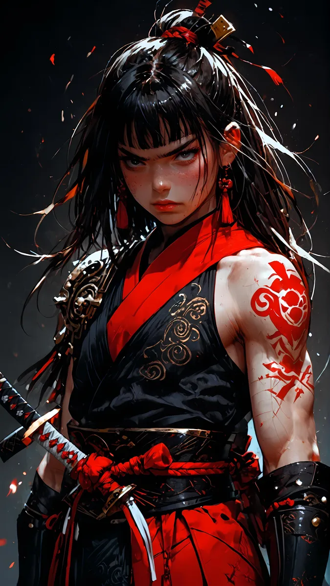 Anime-style depiction of a female samurai warrior with detailed armor and tattoos, created using Stable Diffusion AI.