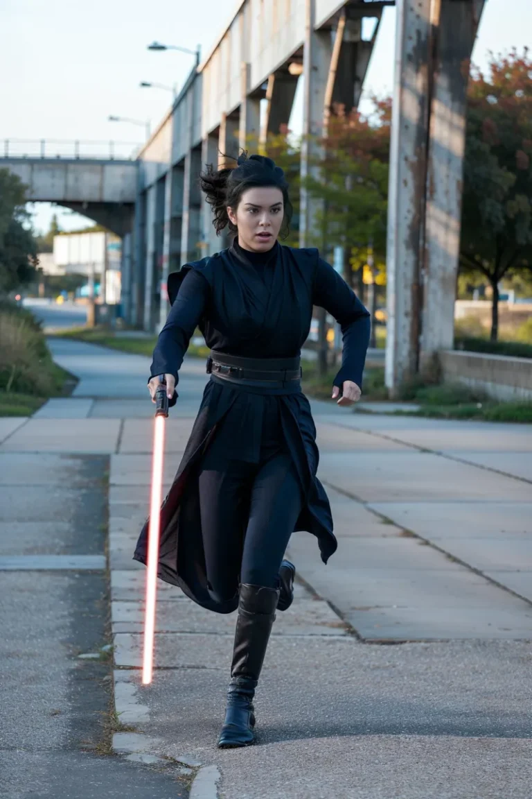Female Sith cosplaying in dark robes, holding a red lightsaber and running on a paved pathway under an urban structure. AI generated image using Stable Diffusion.