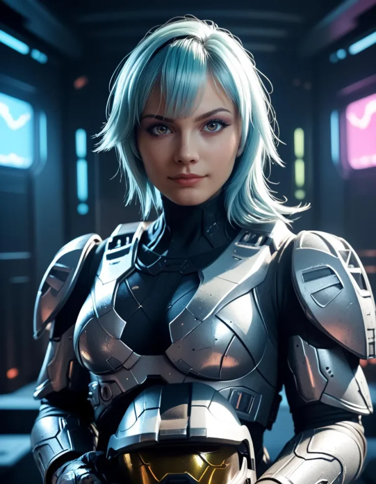 A highly detailed AI-generated image of a confident woman with short, light blue hair, dressed in futuristic silver armor, created using Stable Diffusion.