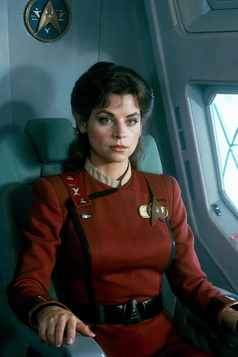 A woman in a red space uniform with badges, seated in a starship. This is an AI generated image using stable diffusion.