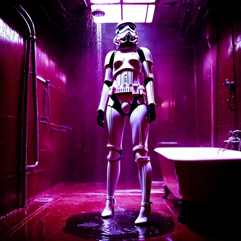 A female stormtrooper stands in a futuristic bathroom with pink-purplish lighting, fully armored in white and black, with mist surrounding her.