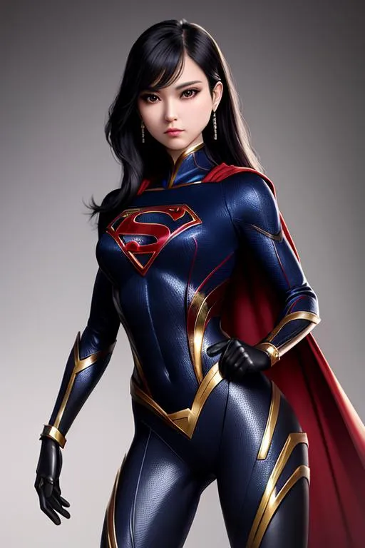 AI generated image of a female superhero in a detailed blue and gold costume with a red cape using Stable Diffusion.