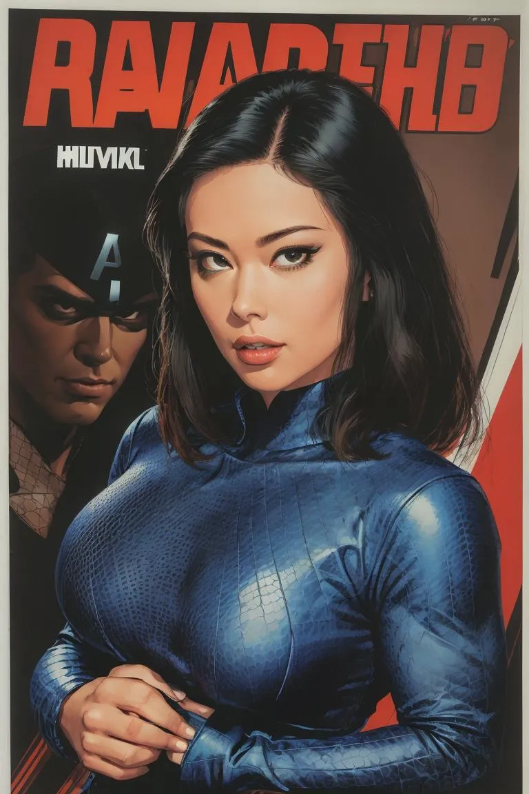 Comic book cover showing a female superhero in a blue, skin-tight outfit, with a male character in the background, created using Stable Diffusion.