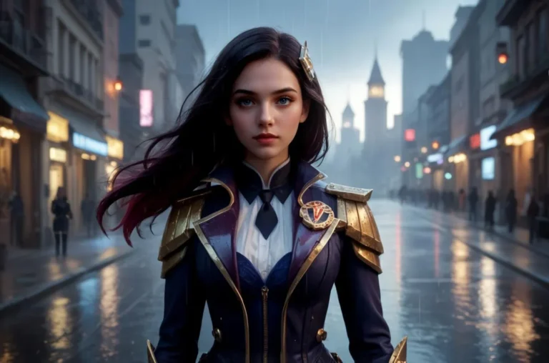 A female warrior with dark hair and an intense expression, dressed in a detailed steampunk-inspired outfit with gold accents, standing in a rain-soaked city street. This image is AI generated using Stable Diffusion.