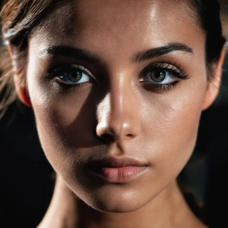 Close-up of a female model with intense gaze and flawless skin, generated using Stable Diffusion.
