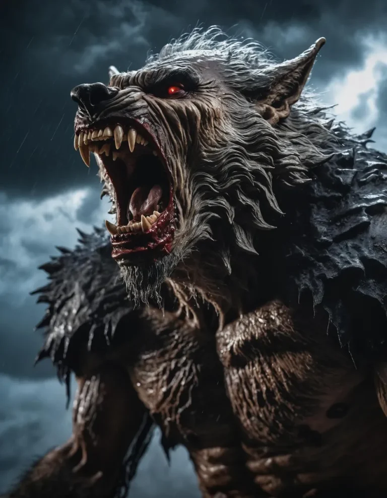 A highly detailed, AI generated dark fantasy image of a ferocious werewolf roaring under a stormy night sky, using Stable Diffusion.