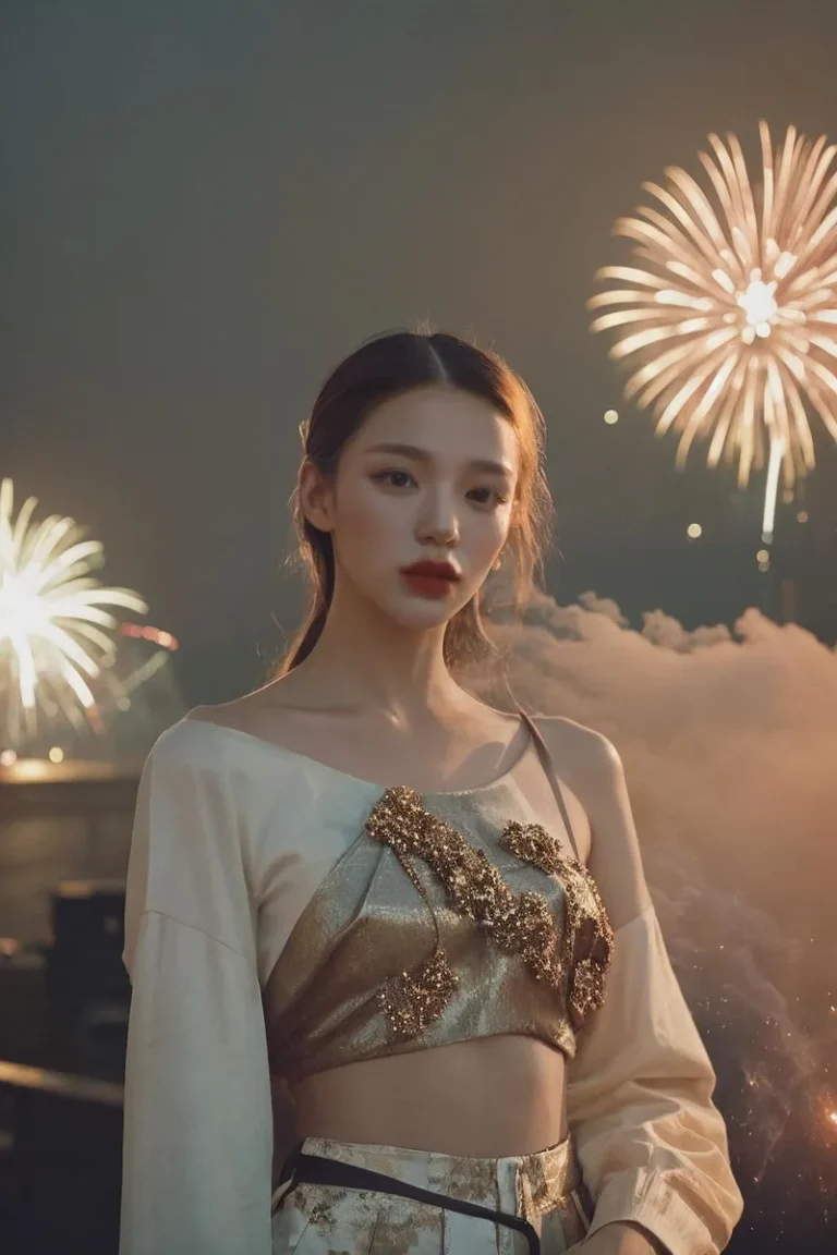 Young woman in elegant festive attire with fireworks background, AI generated using Stable Diffusion.