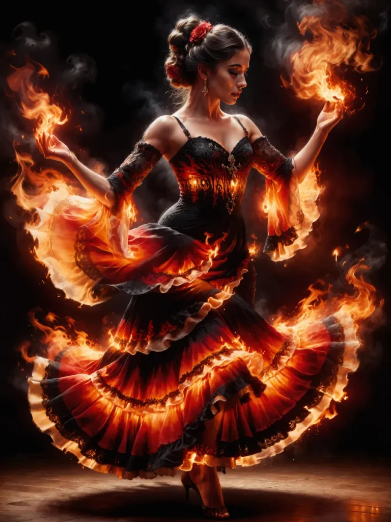 An AI generated image using Stable Diffusion of a flamenco dancer with a dress made of flames. She elegantly dances with fire in a dark background, with red and orange hues.