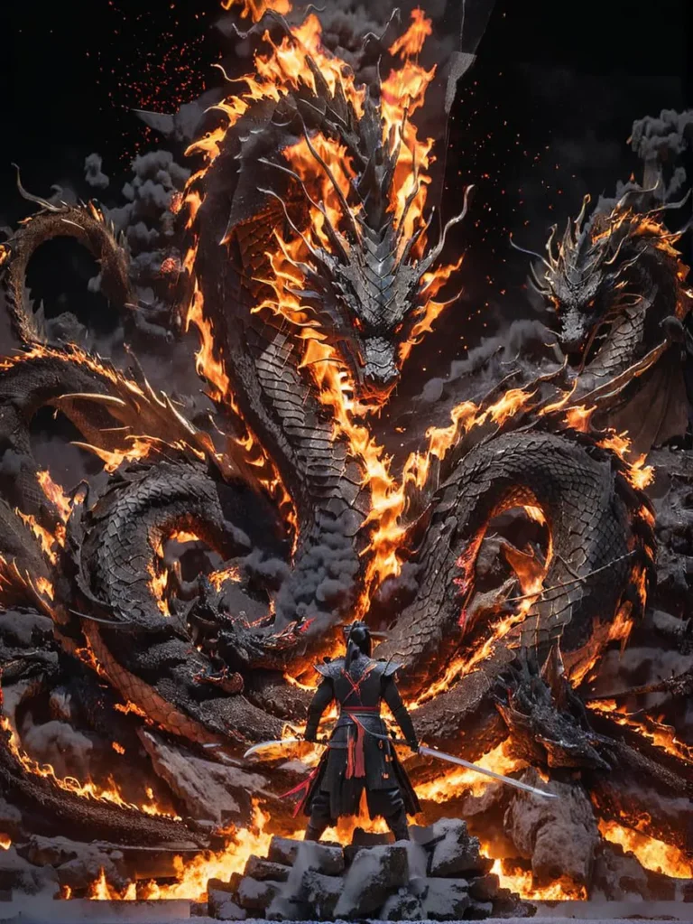 A warrior facing a massive fire dragon with multiple heads, in an epic battle scene generated by AI using Stable Diffusion.