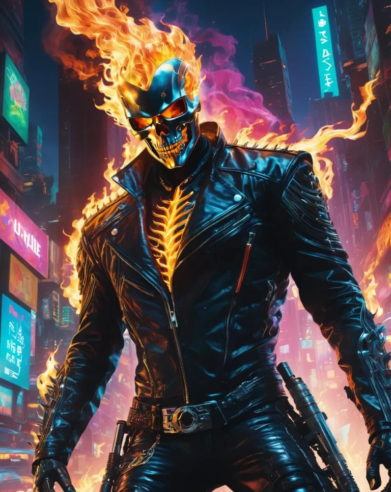 AI generated image using stable diffusion of a fire skull biker in a cyberpunk city, wearing a black leather jacket with flames.