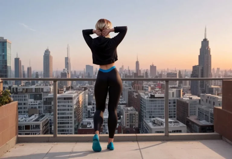 Back view of AI generated image using Stable Diffusion of a woman in fitness attire with hands behind head, overlooking a cityscape from a rooftop terrace.