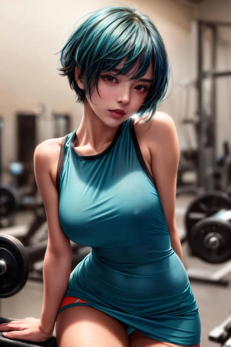 A digitally created image using Stable Diffusion of an anime-style woman with short blue-green hair, dressed in a tight teal workout outfit inside a gym environment.