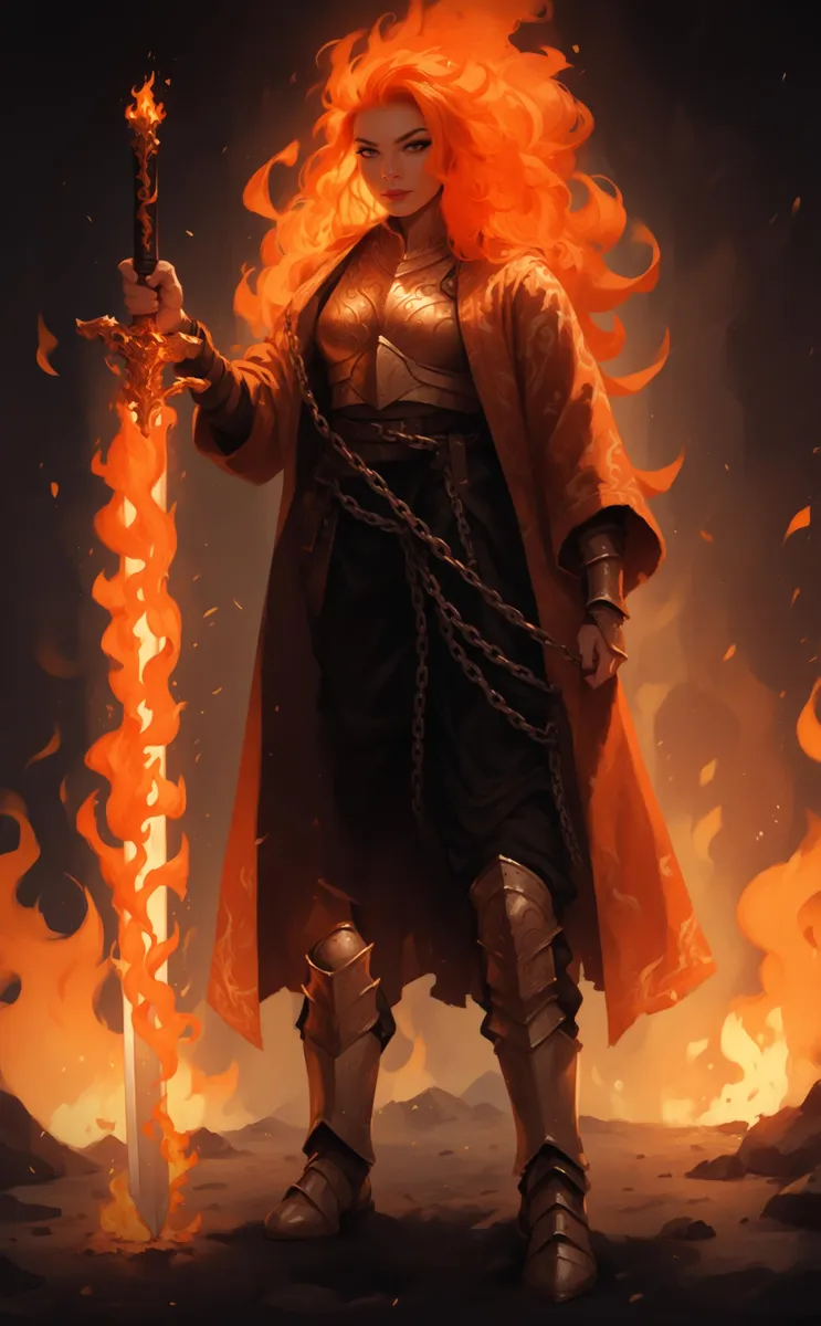Fantasy woman warrior with flaming sword and fiery hair in golden armor, AI generated image using Stable Diffusion.