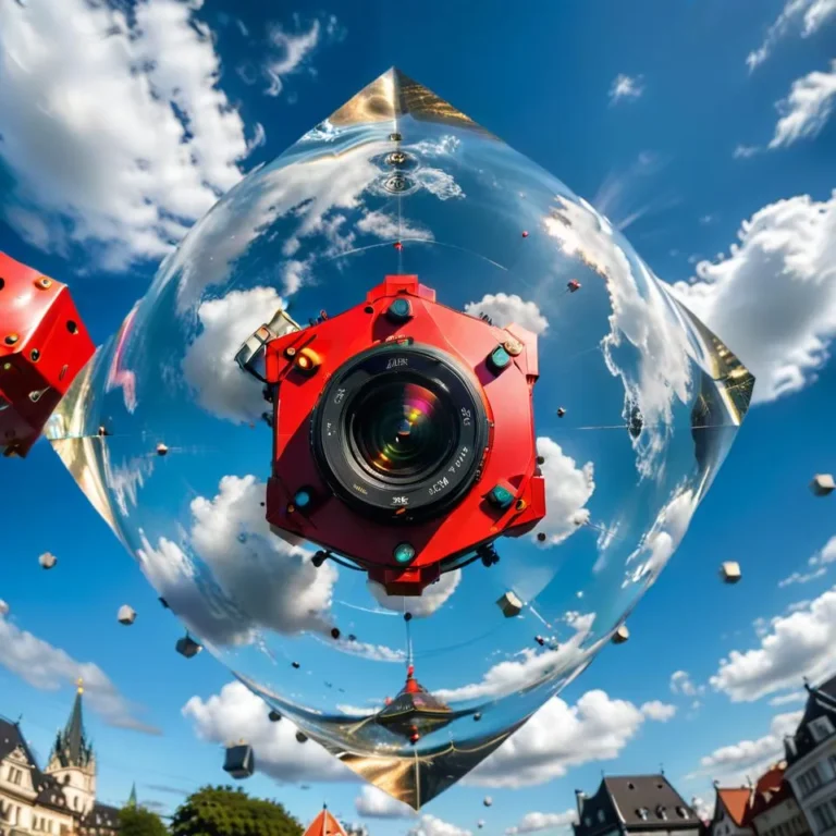 A futuristic floating red camera in a surreal landscape with blue skies and clouds, generated with AI using stable diffusion.