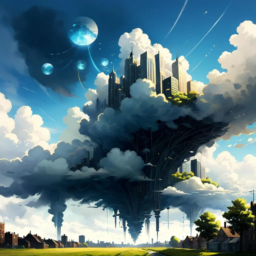 Surreal image of a futuristic city floating amidst clouds in the sky, created using stable diffusion AI technology.