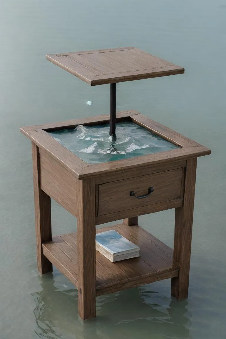 AI generated image of a wooden table hovering above water with a water illusion feature using Stable Diffusion.